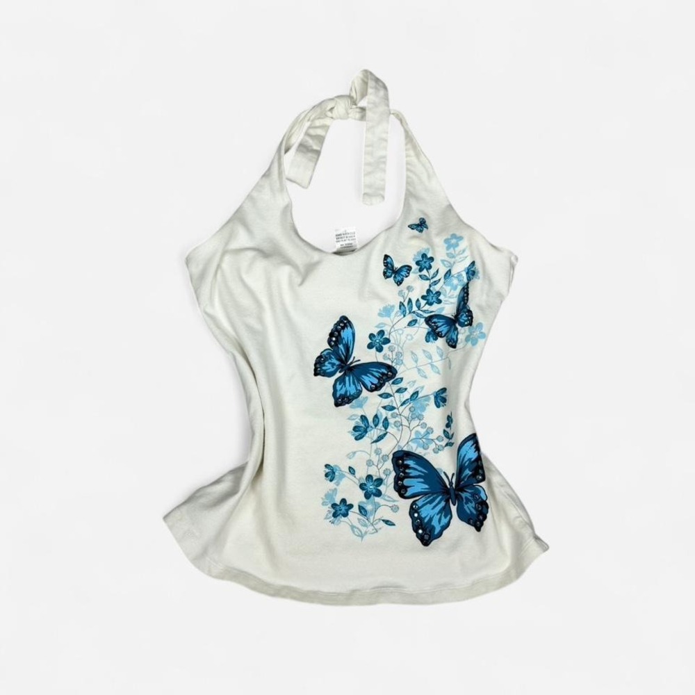 Vintage y2k Fashion Bug fairy white halter top with blue butterflies